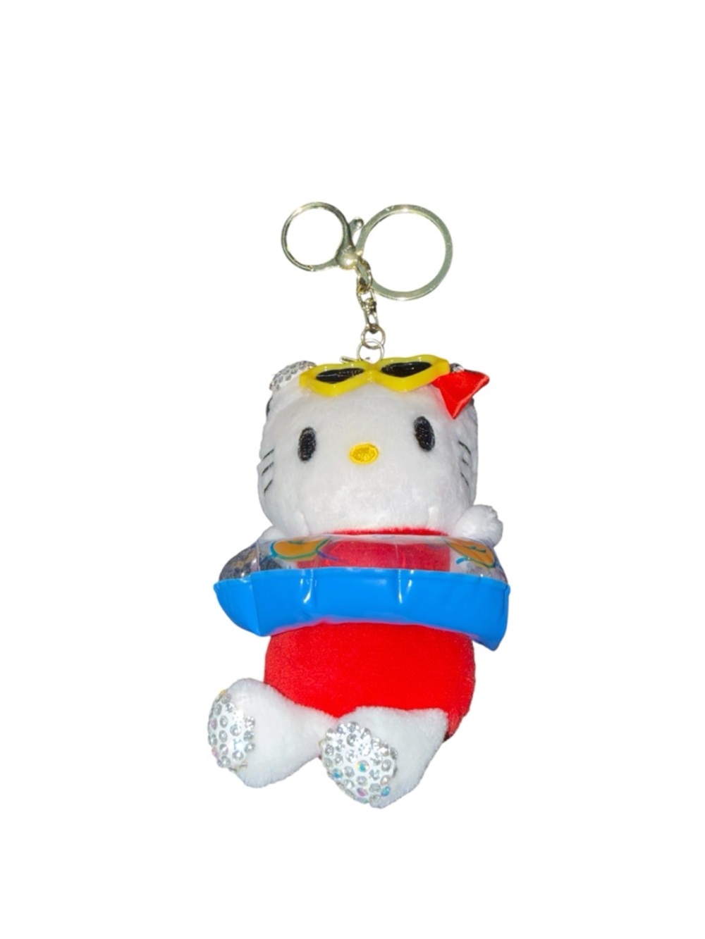 Plush White & Red Hello Kitty-Style Keychain with Blue Float